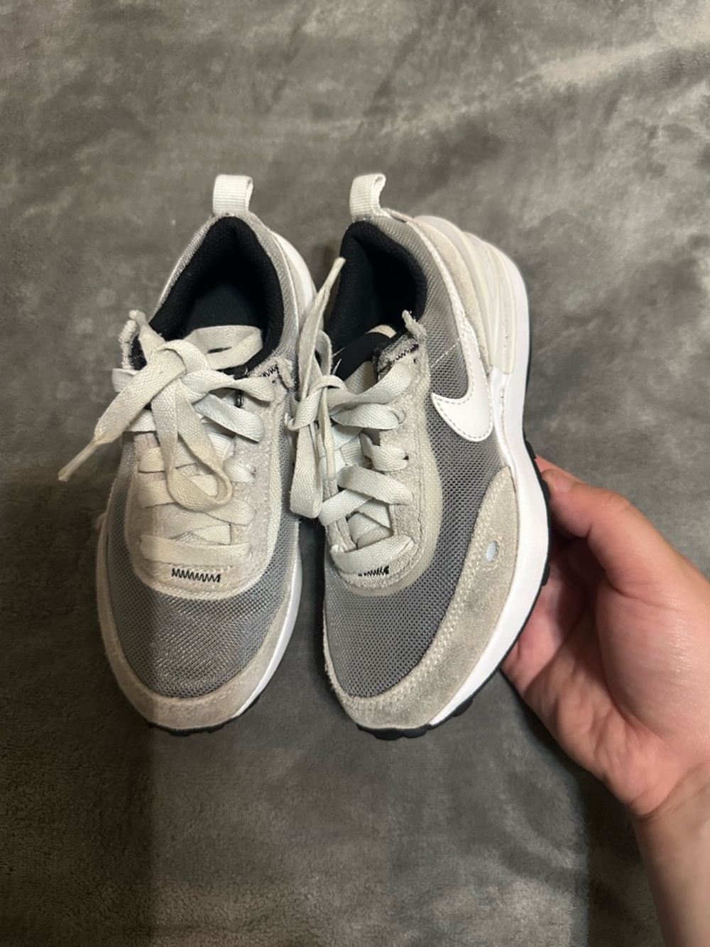 Nike Gray and White Mesh Suede Low-Top Sneakers waffle style